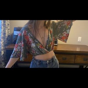 Floral bell-sleeve crop top